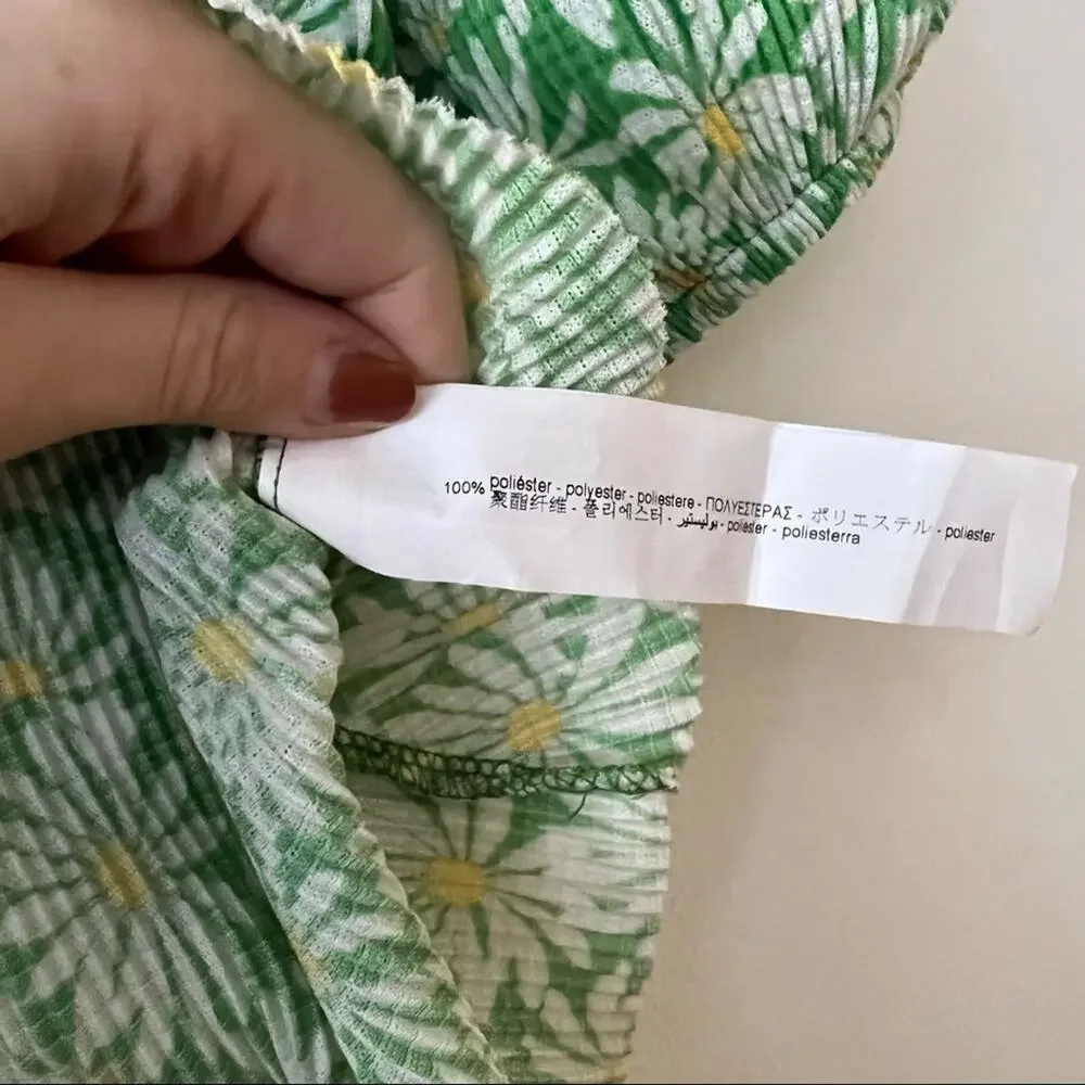 Zara Green Floral Puff-Sleeve Ruched Top